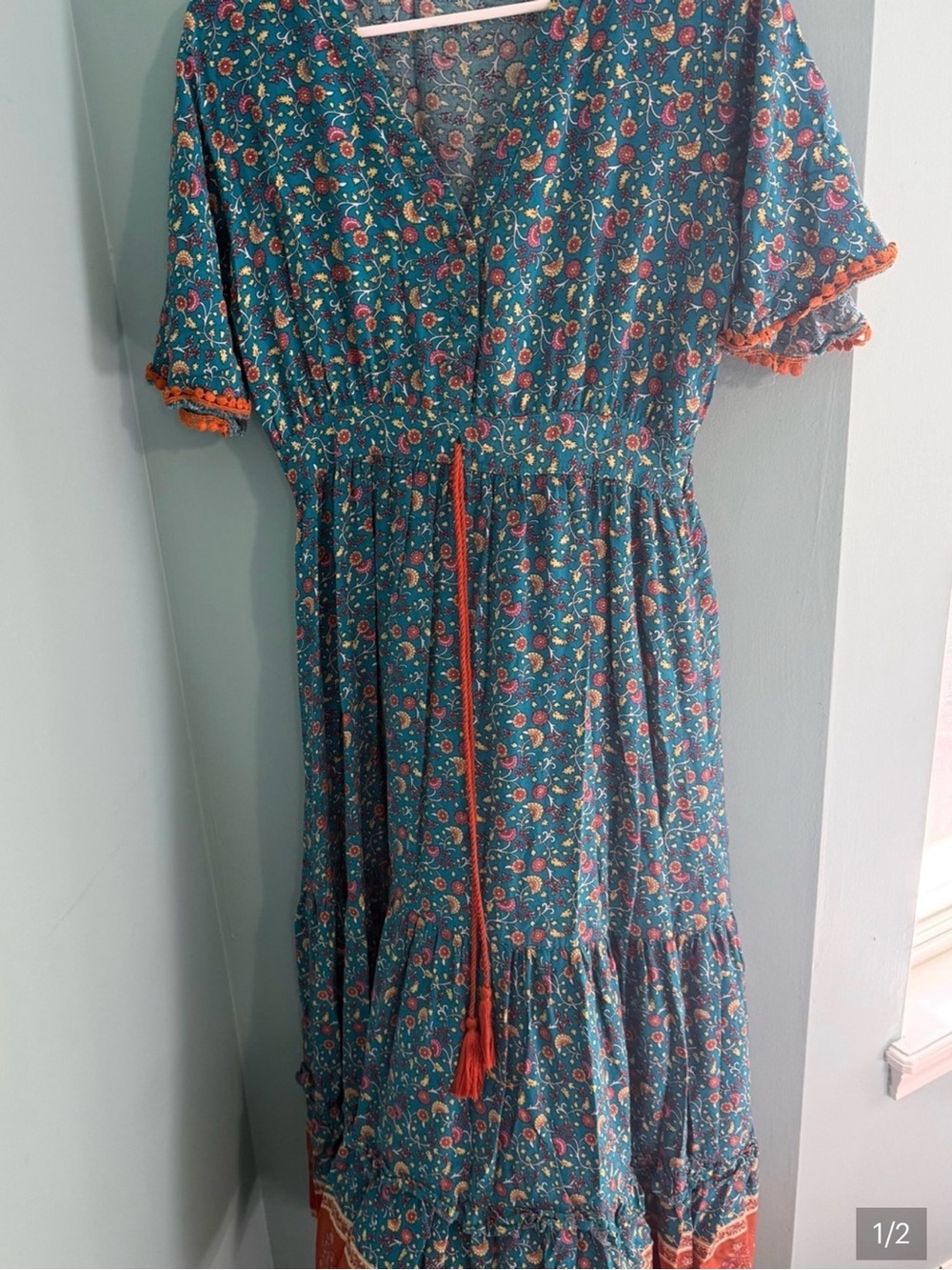 Teal Floral Maxi Dress with Tassel Waist - Picture 3 of 3
